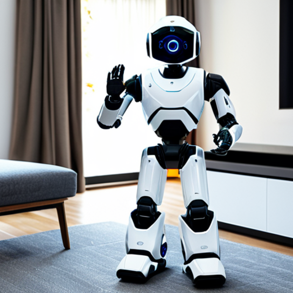 가정용 로봇의 신뢰성 확보 방안 - Home Security Robot**
"A sleek, modern home security robot patrolling a brightly lit, contemporary ...
