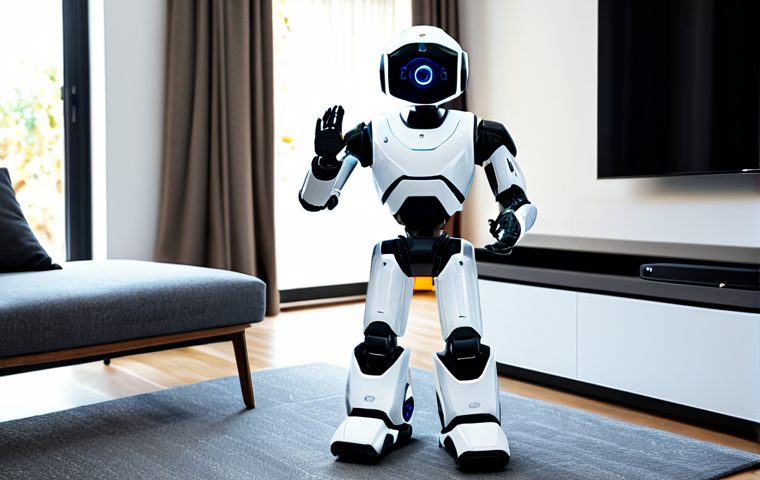 가정용 로봇의 신뢰성 확보 방안 - Home Security Robot**
"A sleek, modern home security robot patrolling a brightly lit, contemporary ...