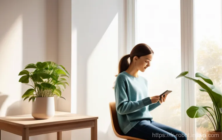 홈 데이터와 로봇의 통합 활용 사례 - **Prompt:** A cozy, modern living room bathed in soft, warm ambient light from smart LED strips. A y...