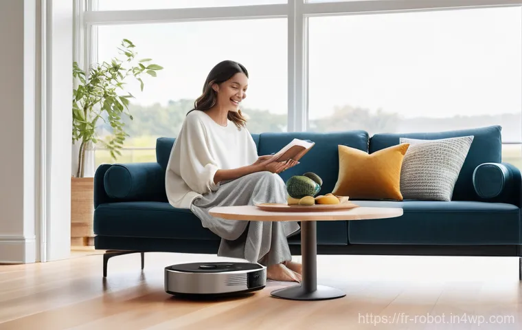 2023년 가정용 로봇 기술 동향 - **Prompt:** A serene and impeccably clean modern living room, bathed in soft, natural light streamin...