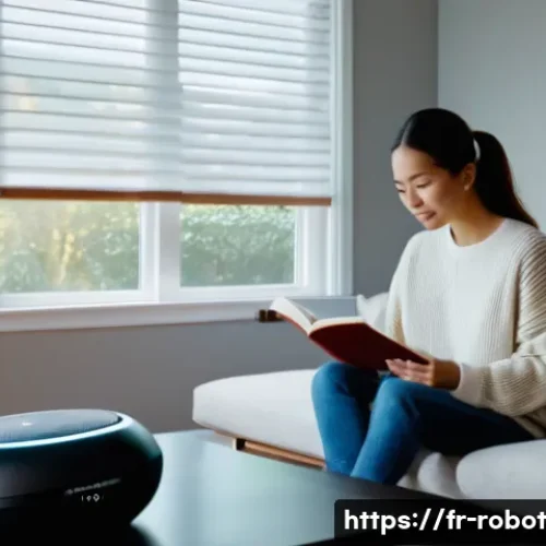 Home 30 스마트 홈과 로봇의 미래 방향 - **Prompt:** A cozy and modern living room at dusk, featuring a woman in her 30s, casually dressed in...