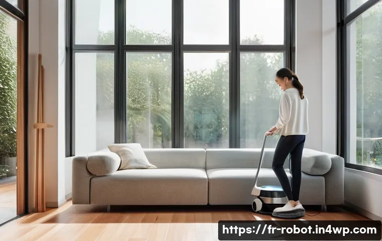 로봇 공학의 발전이 가정에 미치는 영향 - **Prompt:** A serene, modern living room bathed in soft, natural light. A woman in comfortable, styl...