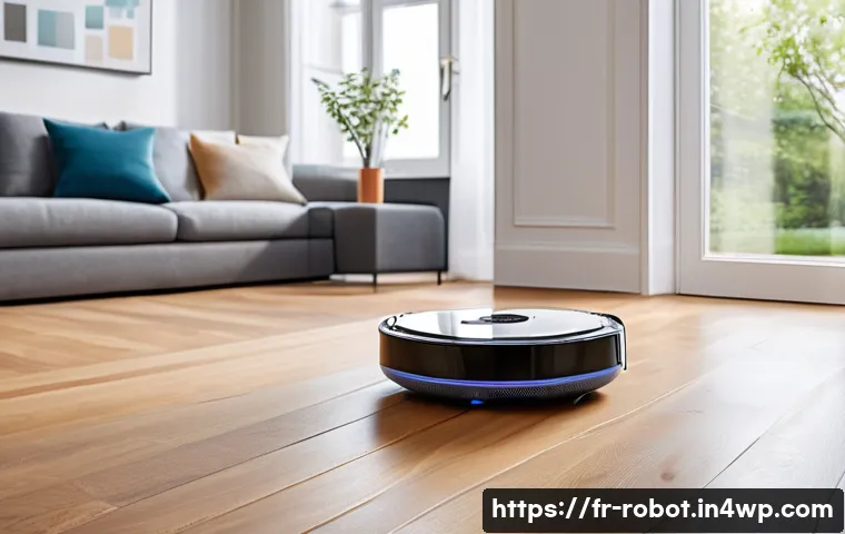 가정에서 사용하는 로봇의 필요성 분석 - A modern French living room with large windows and elegant décor, featuring a sleek autonomous robot...