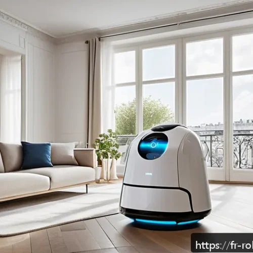 Home 15 로봇 기술과 가정의 안전성 증진 - A sleek modern living room in a French urban apartment, featuring a multifunctional domestic robot w...