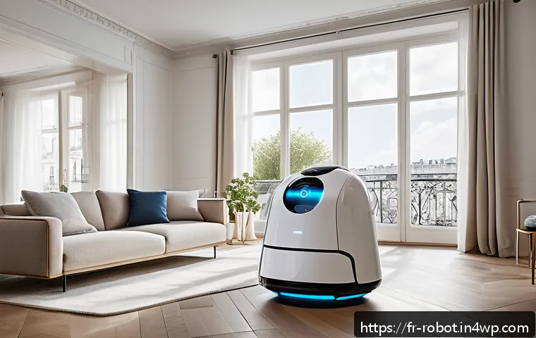로봇 기술과 가정의 안전성 증진 - A sleek modern living room in a French urban apartment, featuring a multifunctional domestic robot w...
