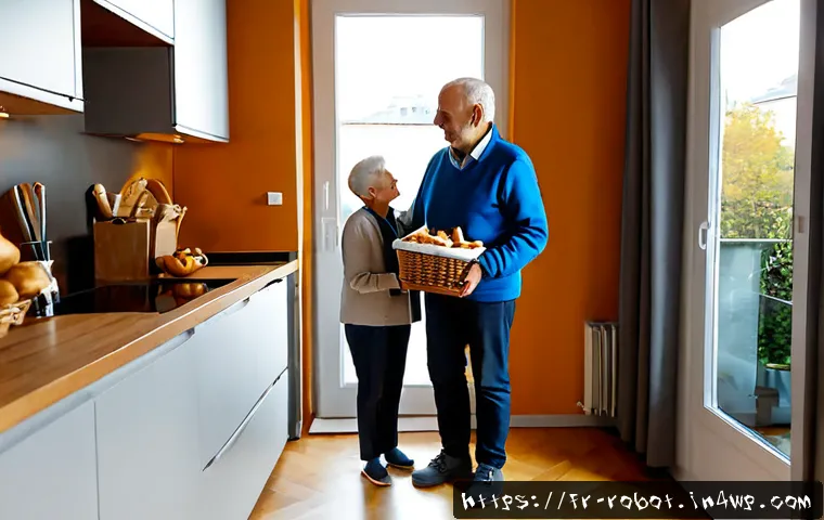 가정용 로봇의 특성과 장점 - Photorealistic bright French apartment kitchen, a compact friendly home service robot in matte white...