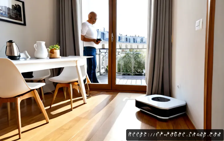 인공지능 기반 홈 로봇의 기능 - Photorealistic modern French apartment living room in soft morning light, a compact white AI home ro...